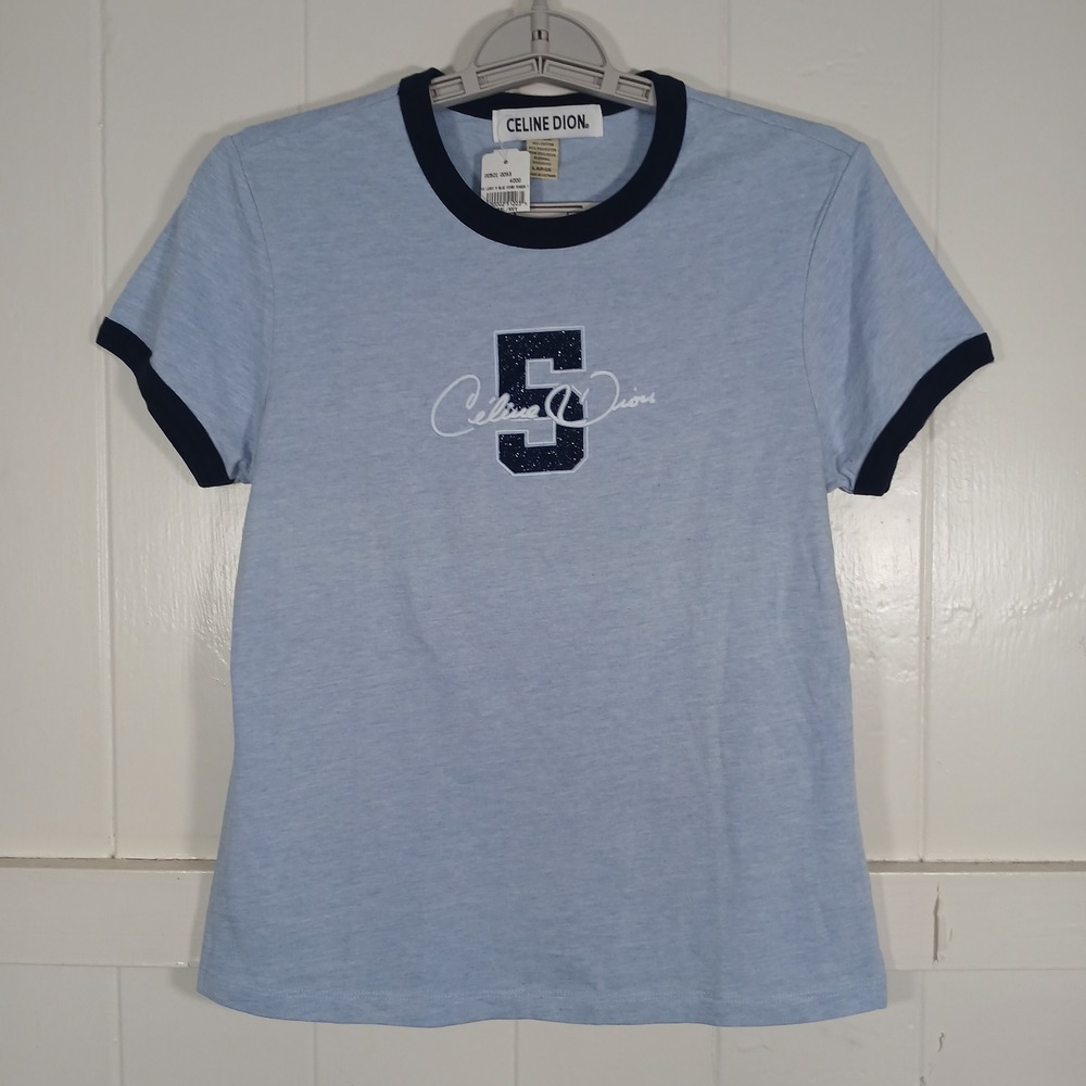 Celine Dion Ringer T-Shirt Womens Large Blue Lucky 5 Glitter Embroidered NWT